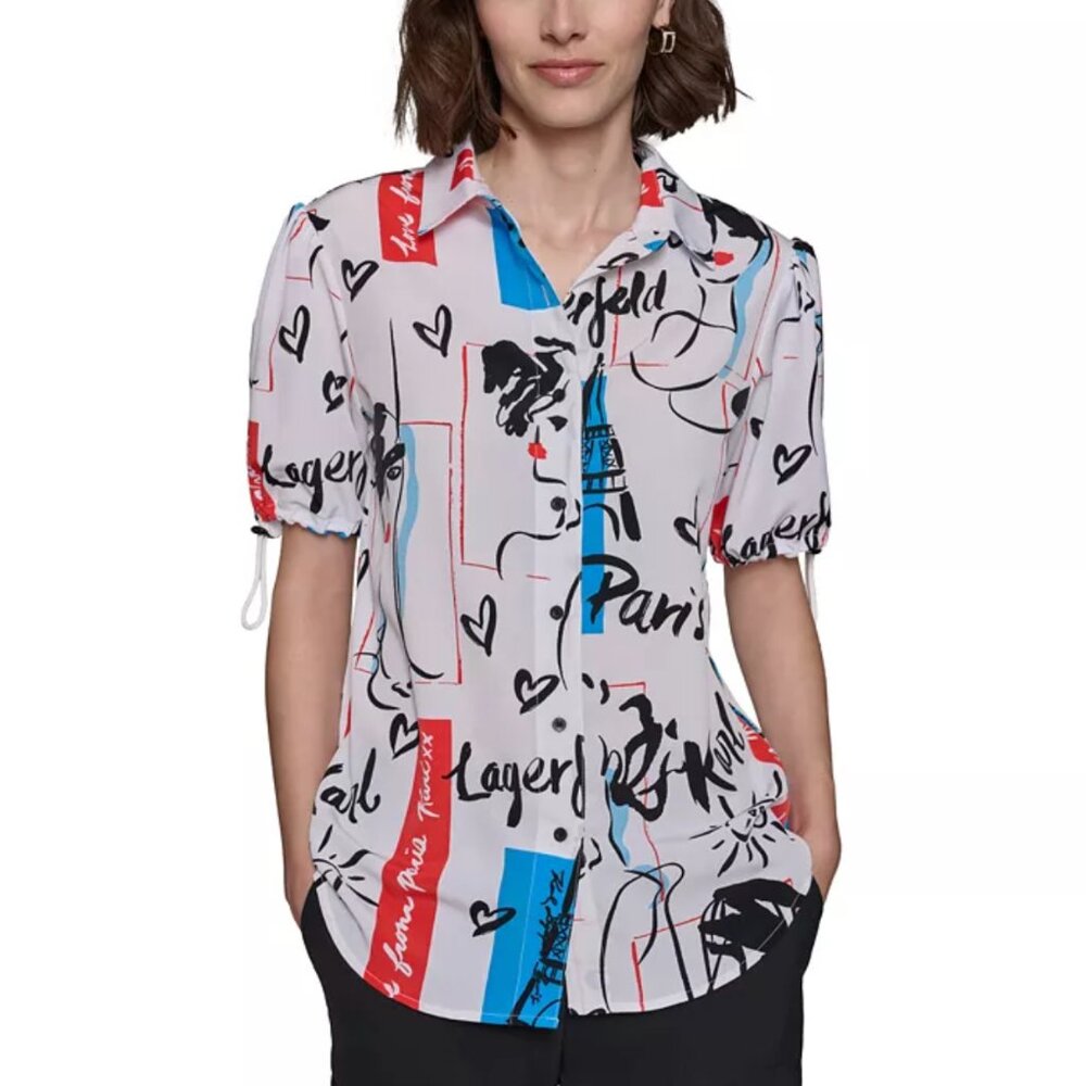 NWT Karl Lagerfeld Printed Bungee-Sleeve Button-Down Top Karl Lagerfeld
